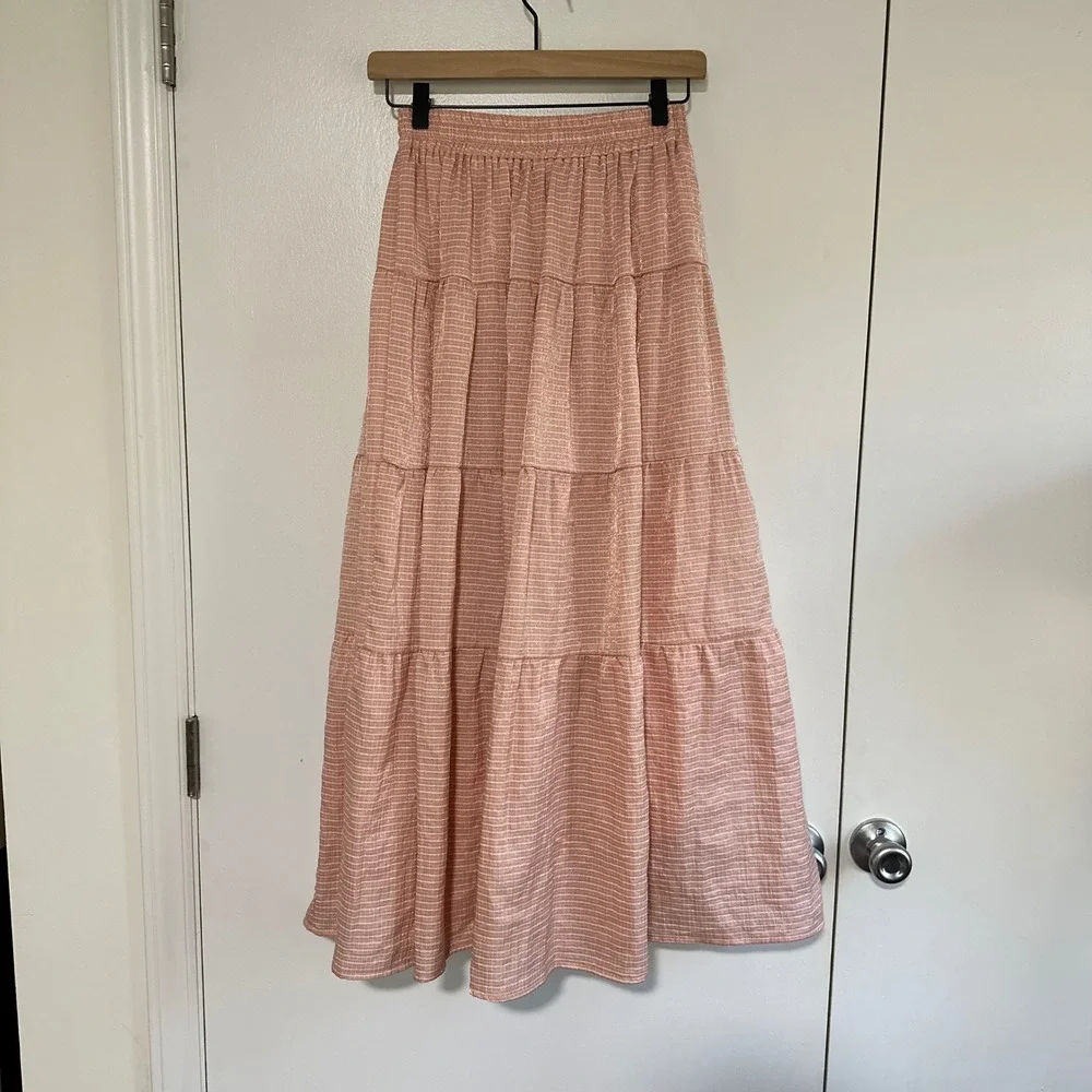 EN SAISON |‎ Peach Pink Sparkle Tiered Boho Feminine Stripe Midi Skirt, Size S
